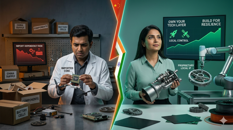 Indian deeptech startup founder working on imported components vs local manufacturing innovation and supply chain control in India