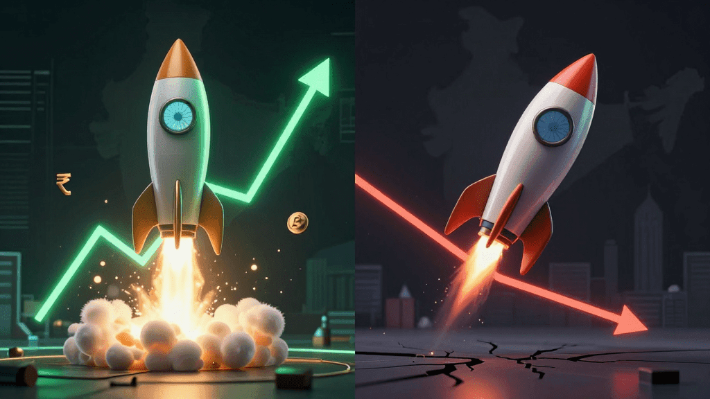 Split illustration of startup growth and decline in India with rocket rising and falling representing valuation mismatch in 2026